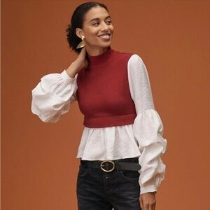 Anthropologie Mixed Media Twofer Red Sweater Vest Ruffle Sleeve Peasant Top XL